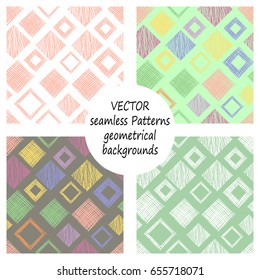 Set of seamless vector geometrical patterns with different geometric figures, forms. pastel endless background with hand drawn textured geometric figures. Graphic vector illustration