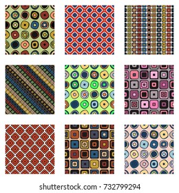 Set of seamless vector geometrical patterns. Endless background with hand drawn ornamental tribal elements. Black and white graphic vector illustration with ethnic motifs. Print for fabric, wrapping.