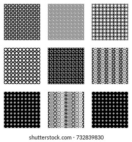 Set of seamless vector geometrical patterns. Endless background with hand drawn ornamental tribal elements. Black and white graphic vector illustration with ethnic motifs. Print for fabric, wrapping.