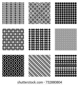 Set of seamless vector geometrical patterns. Endless background with hand drawn ornamental tribal elements. Black and white graphic vector illustration with ethnic motifs. Print for fabric, wrapping.