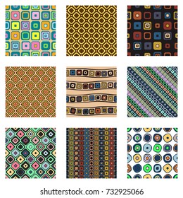 Set of seamless vector geometrical patterns. Endless background with hand drawn ornamental tribal elements. Black and white graphic vector illustration with ethnic motifs. Print for  fabric, wrapping.