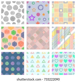 Set of seamless vector geometrical patterns with different geometric figures, forms. pastel endless background with hand drawn textured geometric figures. Graphic vector illustration