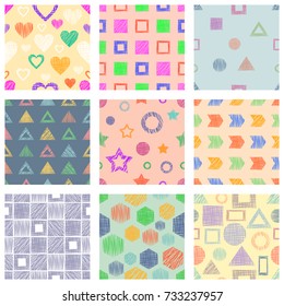 Set of seamless vector geometrical patterns with different geometric figures, forms. pastel endless background with hand drawn textured geometric figures. Graphic vector illustration