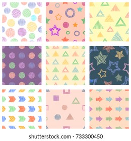 Set of seamless vector geometrical patterns with different geometric figures, forms. pastel endless background with hand drawn textured geometric figures. Graphic vector illustration