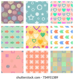 Set of seamless vector geometrical patterns with different geometric figures, forms. pastel endless background with hand drawn textured geometric figures. Graphic vector illustration