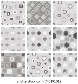 Set of seamless vector geometrical patterns with different geometric figures, forms. pastel endless background with hand drawn textured geometric figures. Graphic vector illustration