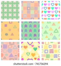 Set of seamless vector geometrical patterns with different geometric figures, forms. pastel endless background with hand drawn textured geometric figures. Graphic vector illustration