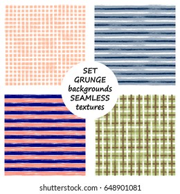 Set of seamless vector grunge geometrical patterns with hand drawn lines. Grungy striped, checkered backgrounds with horizontal, vertical stripes.