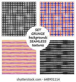 Set of seamless vector grunge geometrical patterns with hand drawn lines. Grungy striped, checkered backgrounds with horizontal, vertical stripes.