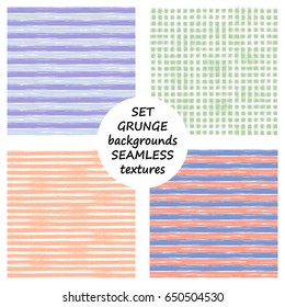 Set of seamless vector grunge geometrical patterns with hand drawn lines. Grungy striped, checkered backgrounds with horizontal, vertical stripes.