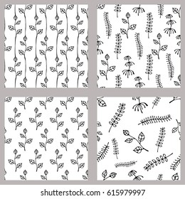 Set of seamless vector hand drawn floral patterns. Endless backgrounds with leaves. Graphic illustration. Series of hand drawn seamless vector patterns