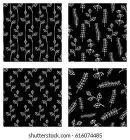 Set of seamless vector hand drawn floral patterns. Endless backgrounds with leaves. Graphic illustration. Series of hand drawn seamless vector patterns