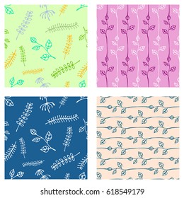 Set of seamless vector hand drawn floral patterns. Endless backgrounds with leaves. Graphic illustration. Series of hand drawn seamless vector patterns
