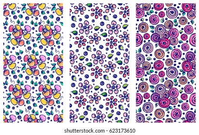 Set of seamless vector hand drawn floral patterns. Backgrounds with flowers, leaves. Decorative cute graphic line drawing illustration. Print for wrapping, background, fabric, decor, textile, surface