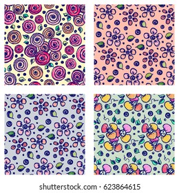 Set of seamless vector hand drawn floral patterns. Backgrounds with flowers, leaves. Decorative cute graphic line drawing illustration. Print for wrapping, background, fabric, decor, textile, surface
