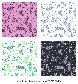 Set of seamless vector hand drawn floral patterns. Endless backgrounds with brahcn, leaves, dots. Graphic illustration. Line drawing, sketch style Series of hand drawn seamless vector patterns