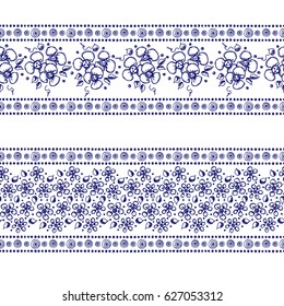 Set of seamless vector hand drawn floral patterns, endless border, frame with flowers, leaves. Decorative graphic line drawing illustration. Print for wrapping, background, fabric, textile, surface