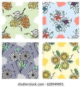 Set of seamless vector hand drawn floral patterns, endless backgrounds Print with flowers, leaves, splash, drops, spot. line drawing, graphic illustration. Print for wrapping, background, fabric