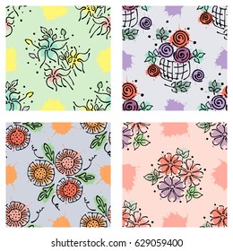 Set of seamless vector hand drawn floral patterns, endless backgrounds Print with flowers, leaves, splash, drops, spot. line drawing, graphic illustration. Print for wrapping, background, fabric