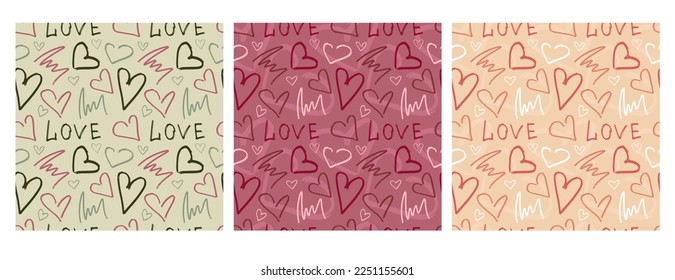 Set of seamless vector heart patterns. Valentine's Day. Printing house. Holidays. Marketing. Feelings. The 14th of February. Seamless pattern. Hearts. Decor. Background.