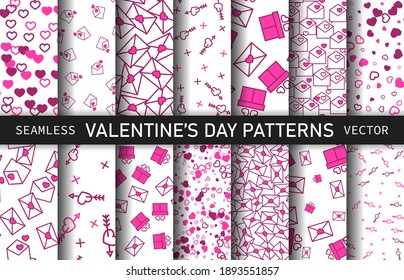 Set of seamless vector hearts patterns. Collection of Valentine's day backgrounds. For fabric, textile, wrapping, cover etc. 10 eps. Pack of love emotion hearts pink patterns.	