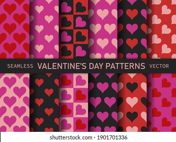 Set of seamless vector hearts patterns. Collection of Valentine's day backgrounds. For fabric, textile, wrapping, cover etc. 10 eps. Pack of love emotion hearts pink patterns.	