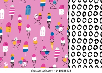 Set of seamless vector ice cream pattern. For cards, t-shirt prints, birthday, party invitations, scrapbook, summer holidays. Vector illustration in pink, yellow and blue colors