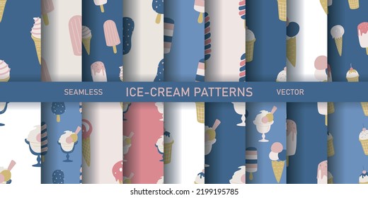 Set of seamless vector ice cream patterns. Collection of food repeat backgrounds for fabric, textile, wrapping, cover etc.