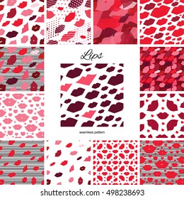 Set of seamless vector illustration with lips. Kissing background pattern