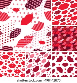 Set of seamless vector illustration with lips. Kissing background pattern