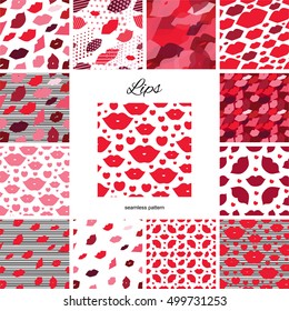 Set of seamless vector illustration with lips. Kissing background pattern