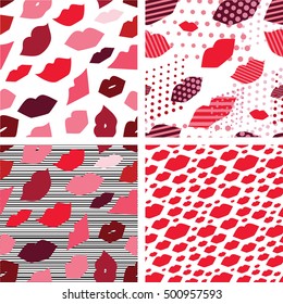 Set of seamless vector illustration with lips. Kissing background pattern