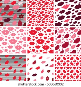 Set of seamless vector illustration with lips. Kissing background pattern