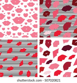 Set of seamless vector illustration with lips. Kissing background pattern