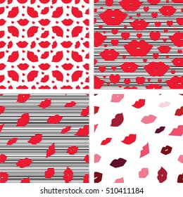 Set of seamless vector illustration with lips. Kissing background pattern