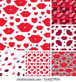 Set of seamless vector illustration with lips. Kissing background pattern