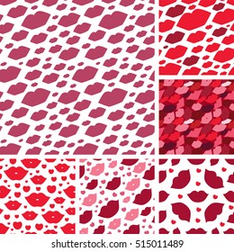 Set of seamless vector illustration with lips. Kissing background pattern