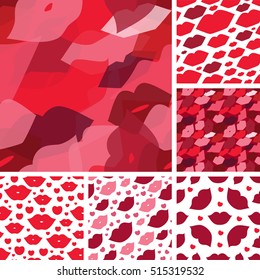 Set of seamless vector illustration with lips. Kissing background pattern