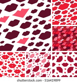 Set of seamless vector illustration with lips. Kissing background pattern