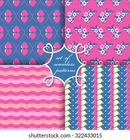 Set of seamless vector illustration of Valentine's Day.  Decorative flowers, heart, polka dot