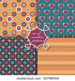 Set of seamless vector illustration of Valentine's Day.  Decorative flowers, heart