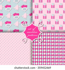Set of seamless vector illustration of Valentine's Day.  Decorative gift box, heart, Cupid