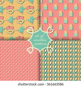 Set of seamless vector illustration of Valentine's Day.  Decorative gift box, heart, Cupid