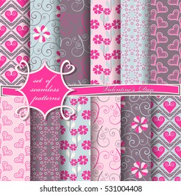 Set of seamless vector illustration of Valentine's Day. Heart, abstract forms and decorative flowers