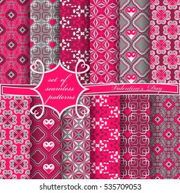 Set of seamless vector illustration of Valentine's Day. Heart, abstract forms and decorative flowers