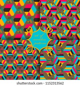 set of seamless vector illustrations with abstract striped geometric shapes, design elements for scrapbook 