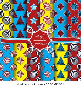 set of seamless vector illustrations with abstract striped geometric shapes, design elements for scrapbook