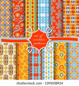 set of seamless vector illustrations with abstract geometric shapes, decorative flowers, design elements for decoration