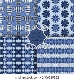 set of seamless vector illustrations with abstract geometric shapes, circular patterns, design elements for decoration