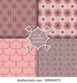 Set of seamless vector illustrations. Abstract shapes and decorative flowers